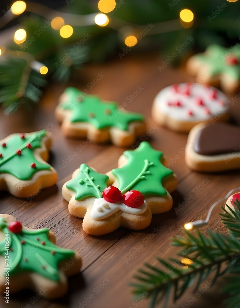 Close-up of an assortment of Christmas cookies with a background of a snowy window and warm, glowing candles, creating a festive holiday atmosphere., snowing outside the window