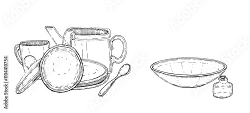 Dishes set on white background. 100% hand drawn vector image.