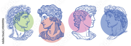 A set of ancient greek god statue sculptures in a modern abstract line art style