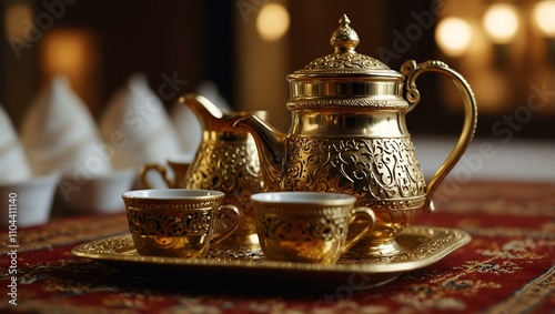 Close-up of a golden dallah coffee pot with Emirati cups. photo