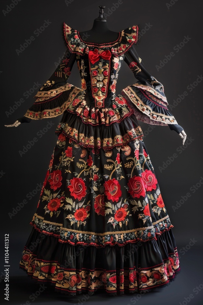 Floral, Victorian-style dress with black and red accents Floral, Victorian-style dress with black and red accents