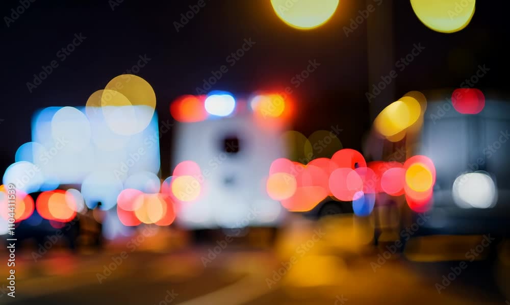 nighttime urban intersection with bokeh police lights