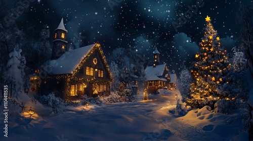 Snowy Christmas village at night with illuminated houses and a decorated Christmas tree.