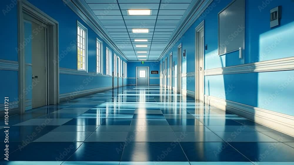 Sunlit Blue Corridor: A Serene School Hallway Sunlit Blue Corridor: A Serene School Hallway