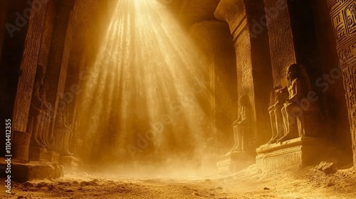 Glimmering Light Illuminates Ancient Egyptian Temple with Statues and Hieroglyphs, Creating a Mystical Atmosphere of History and Wonder