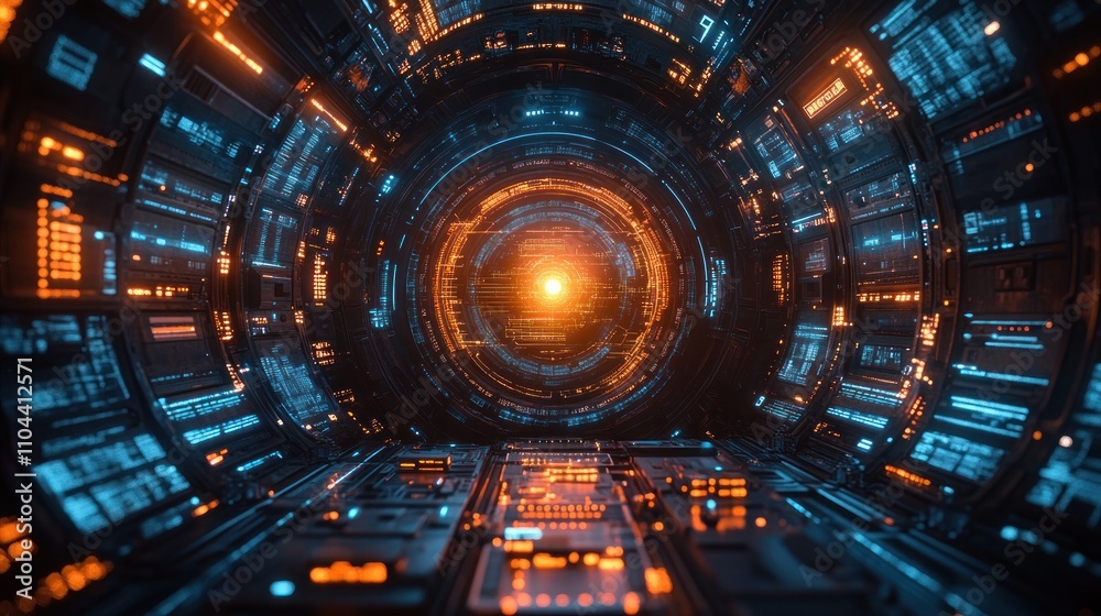 Fototapeta premium . Futuristic spaceship corridor with glowing lights and technological details.