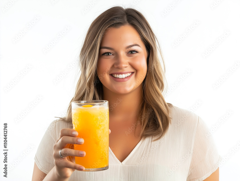 Refreshing Orange Juice in Clear Glass Held by Woman Against White Background - Healthy Drink Concept Refreshing Orange Juice in Clear Glass Held by Woman Against White Background - Healthy Drink Concept
