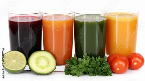 Fresh juices displayed in glasses with vegetables and herbs on a white background