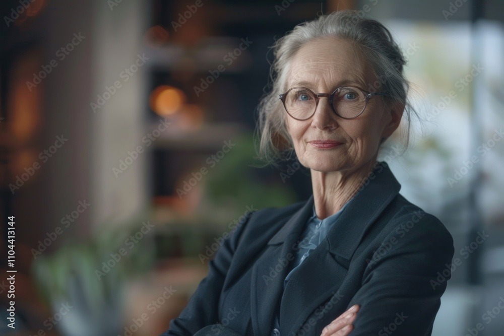 Older woman in glasses, suit and tie with confident expression Older woman in glasses, suit and tie with confident expression