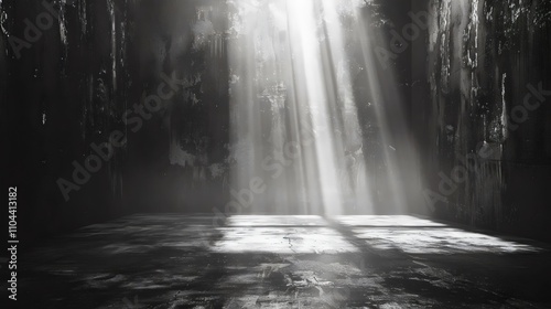 A dark room with a window that lets in sunlight