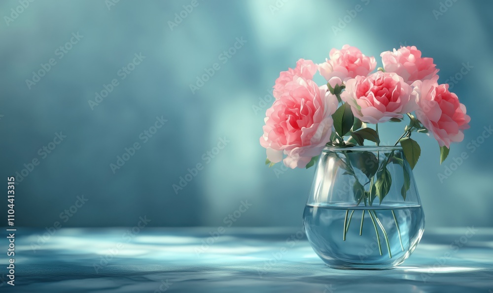 Pink roses in glass vase, soft blue background, natural light, floral arrangement, serene atmosphere Pink roses in glass vase, soft blue background, natural light, floral arrangement, serene atmosphere