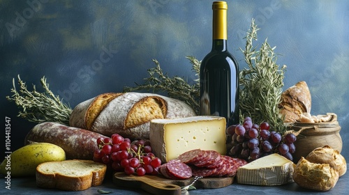 Gorgeous arrangement of artisan breads, cheeses, fruits, and a bottle of wine on a rustic table. Ideal for appetizers, picnics, or as a centerpiece for social gatherings. photo