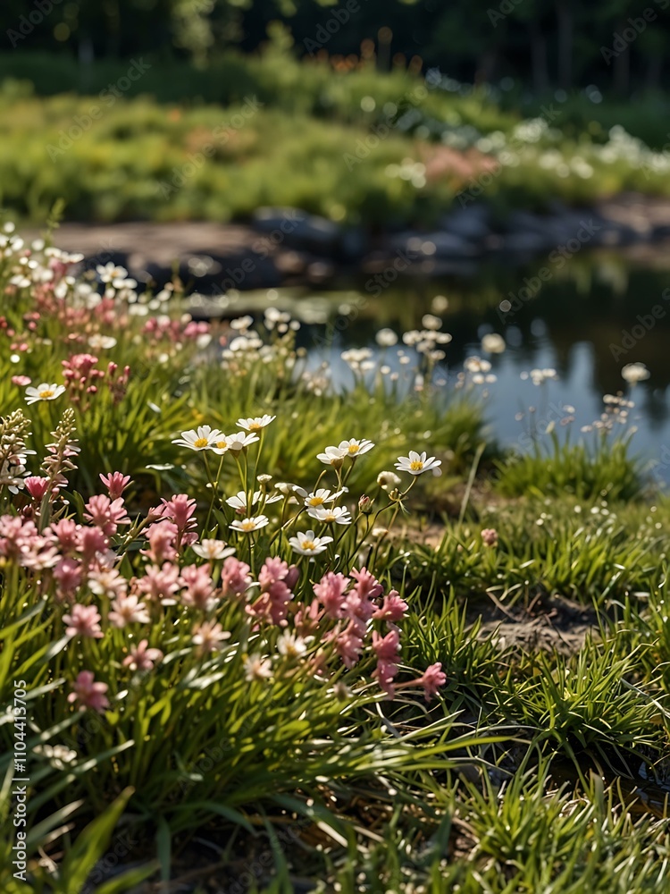 Fototapeta premium Close-up of a grassy hill with white and pink flowers near a pond.