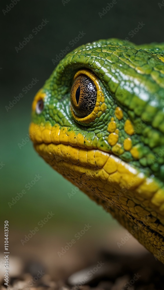 Fototapeta premium Close-up of a green and yellow reptile with a striking yellow eye.