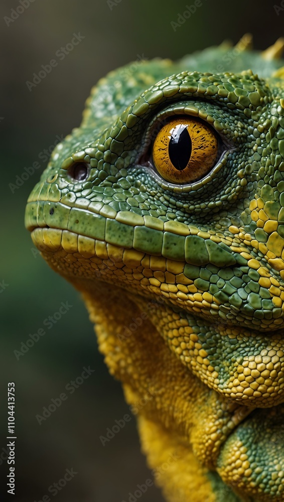 Fototapeta premium Close-up of a green and yellow reptile with a striking yellow eye.