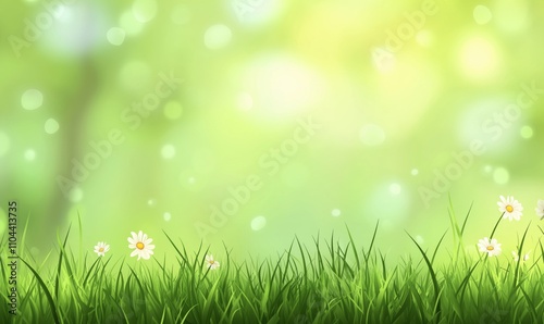Lush green grass with daisies, soft bokeh background, serene nature scene, vibrant colors, peaceful atmosphere