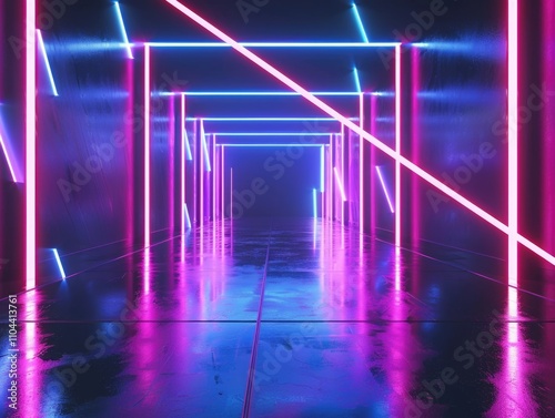 Digital art representation of a tunnel with neon lights in vibrant pink and purple hues. Futuristic and modern feel.