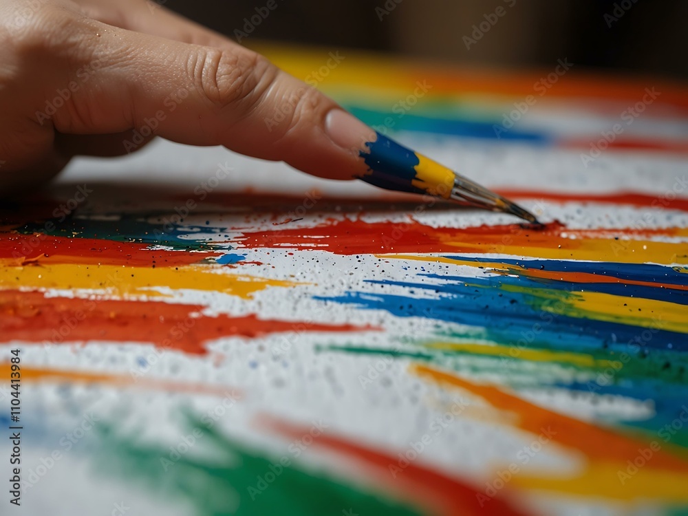 Obraz premium Close-up of a hand painting on canvas with vibrant brushstrokes.