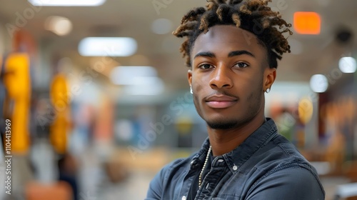 A young man with dreadlocks stands in front of a wall with a yellow sign