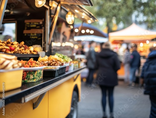 A lively food truck offers gourmet street food at a bustling city festival, providing an inviting atmosphere for attendees with ample copy space on the right photo