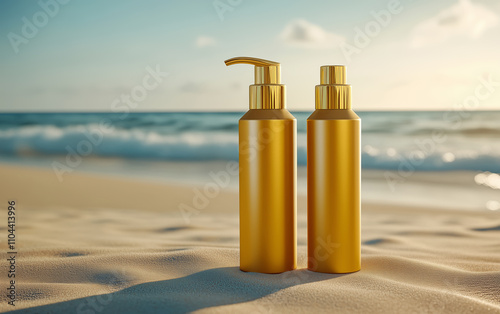 Sunscreens in yellow blank bottles on the sandy beach photo