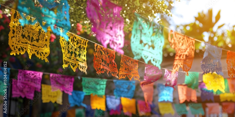 Obraz premium Colorful display of paper flags hanging from a tree. The flags are of different colors and sizes, creating a vibrant and lively atmosphere