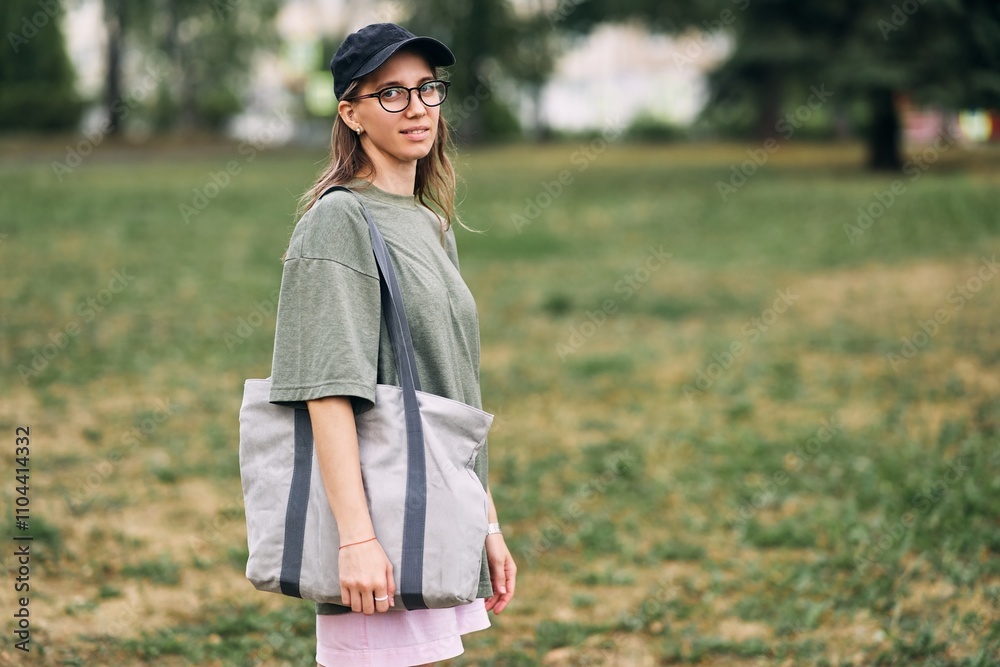 Young woman with glasses holding empty cotton eco bag, mockup design. High quality photo