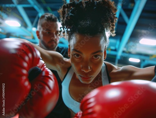 A woman in boxing attire practicing punches with red gloves, focus and determination.