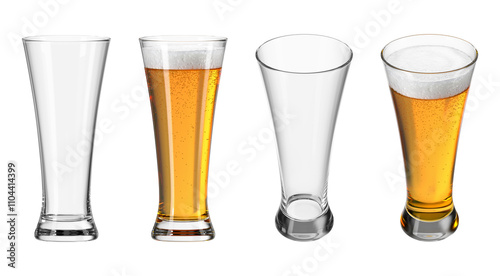 Glass with beer on isolated transparent background. Set of empty glasses and with drink in different angles. Bar theme. 3d rendering.