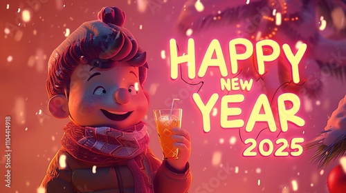 A happy animated character holding a glass of soda, celebrating with glowing HAPPY NEW YEAR 2025 text on a gradient pink and orange background.