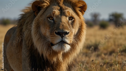 Close-up of a majestic lion in the savanna.