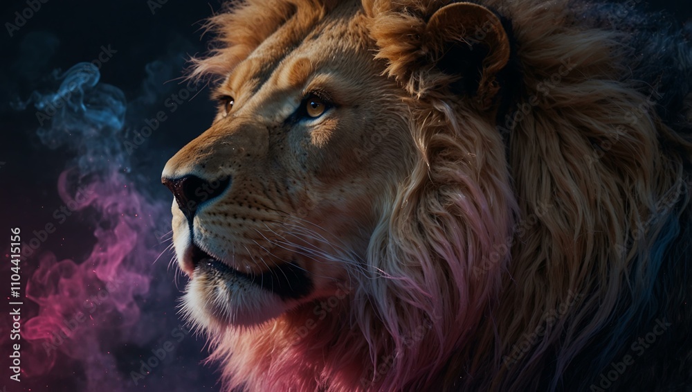 Naklejka premium Close-up of a lion's face bathed in vibrant pink and blue light with swirling smoke.