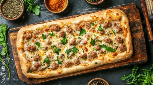 Savory sausage flatbread pizza decorated with parsley leaves.