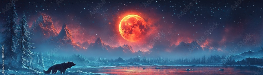 Eerie lunar eclipse over serene lake bear silhouetted night landscape mystical nature scene Eerie lunar eclipse over serene lake bear silhouetted night landscape mystical nature scene