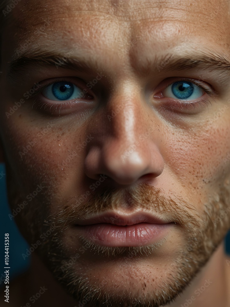 Fototapeta premium Close-up of a man with striking blue eyes and strong facial features.