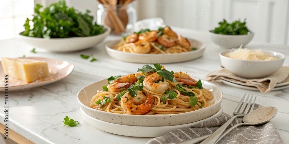 Cajun Shrimp Pasta Beautifully Plated on a Kitchen Table With Fresh Herbs. Generative AI Cajun Shrimp Pasta Beautifully Plated on a Kitchen Table With Fresh Herbs. Generative AI