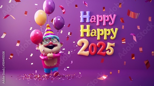 A happy animated character hugging giant Happy New Year 2025 letters with confetti and balloons on a solid purple background.