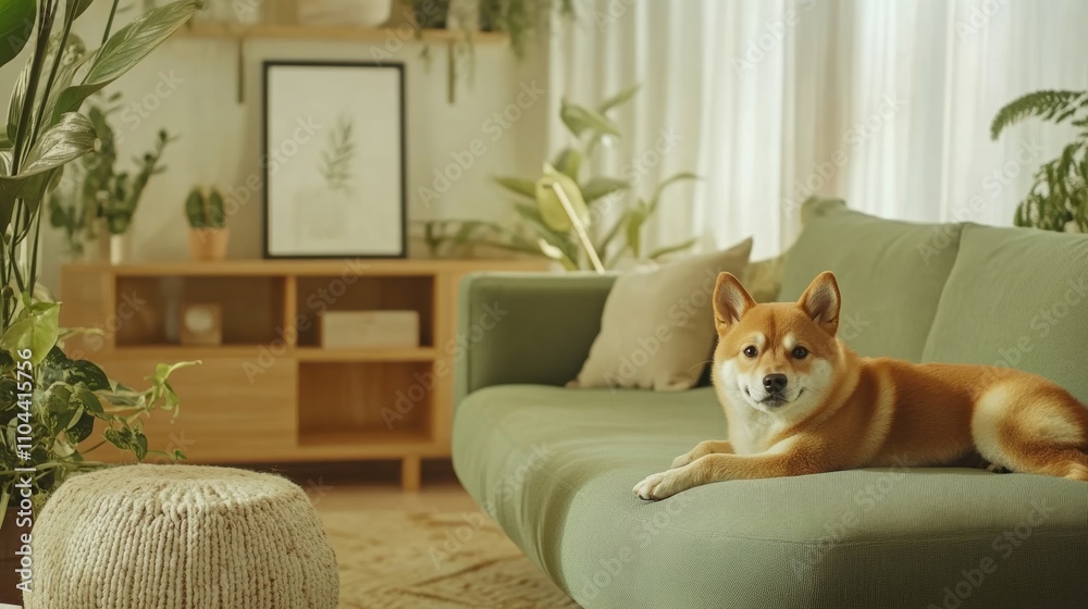 A dog lounges peacefully on a green sofa in a cozy room. A dog lounges peacefully on a green sofa in a cozy room.