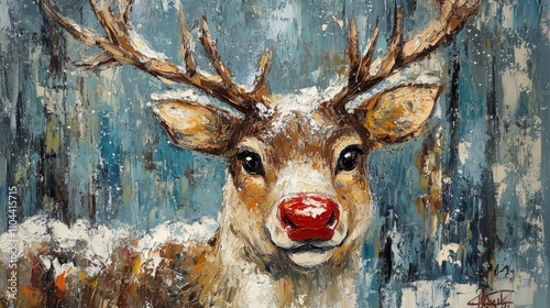 Artistic painting of Rudolph the red-nosed reindeer in a snowy setting.