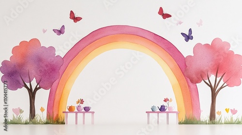 Watercolor rainbow with pink trees, butterflies and tea party tables, whimsical illustration, pastel colors, dreamy fantasy art, clean background with copy space

