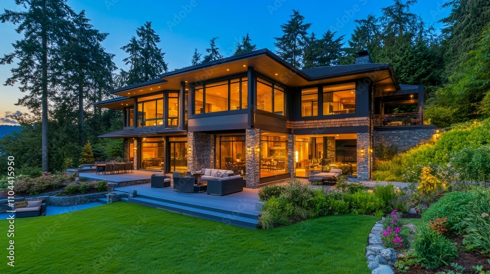 A stunning luxury home with glass windows amidst lush greenery. A stunning luxury home with glass windows amidst lush greenery.