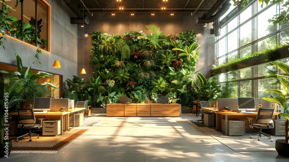 Fototapeta premium A large office space with a green wall and plants