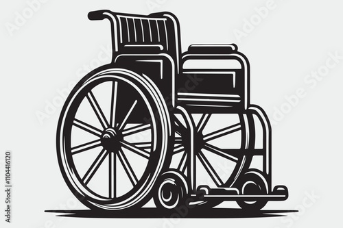 Black and white line art illustration of a wheelchair.