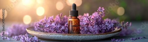 Essential oil dropper surrounded by purple flowers nature setting still life photography serene environment close-up shot