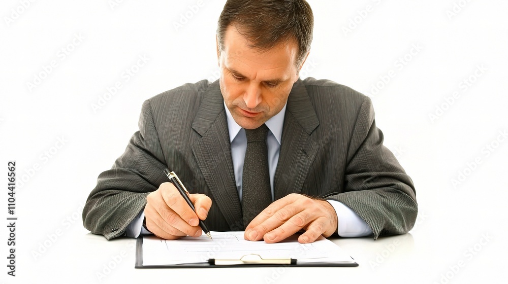 Professional Businessman Writing Notes in Formal Suit at Table Professional Businessman Writing Notes in Formal Suit at Table