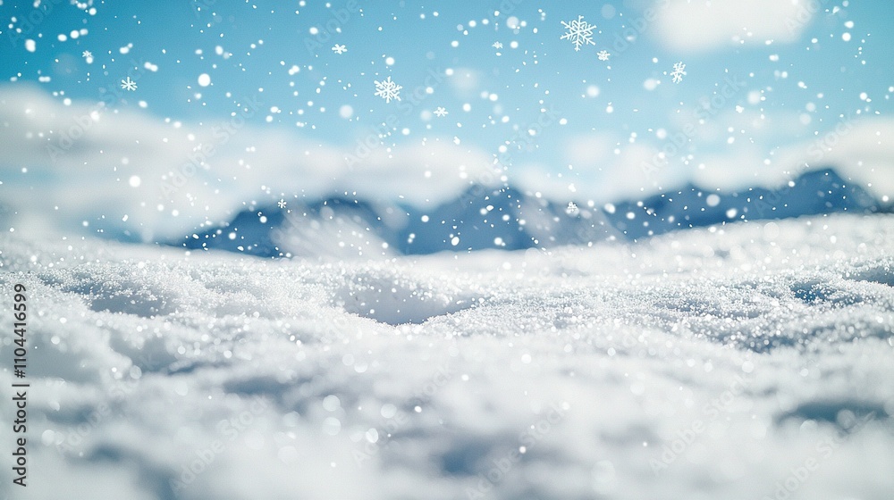 A snowflake close-up on a snowy ground with distant mountains and a clear blue sky in the background A snowflake close-up on a snowy ground with distant mountains and a clear blue sky in the background