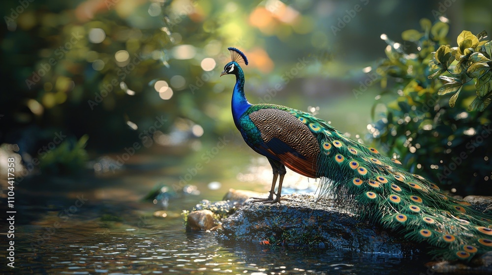majestic peacock in jungle waterfall background majestic peacock in jungle waterfall background