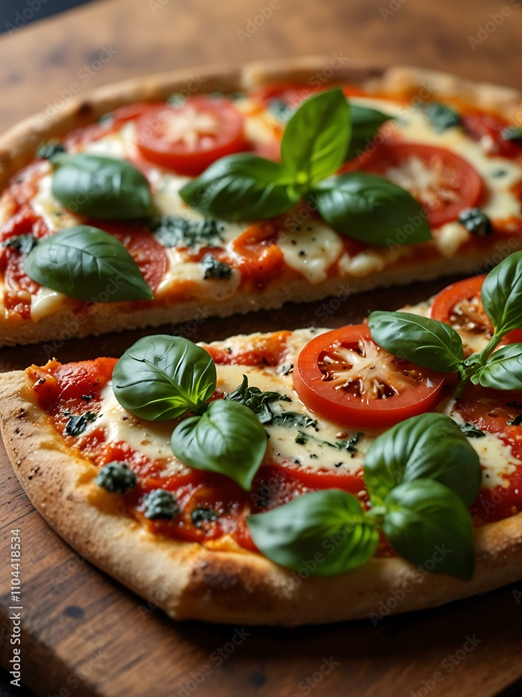 © claudunia - Close-up of a tomato and basil pizza on a wooden board.