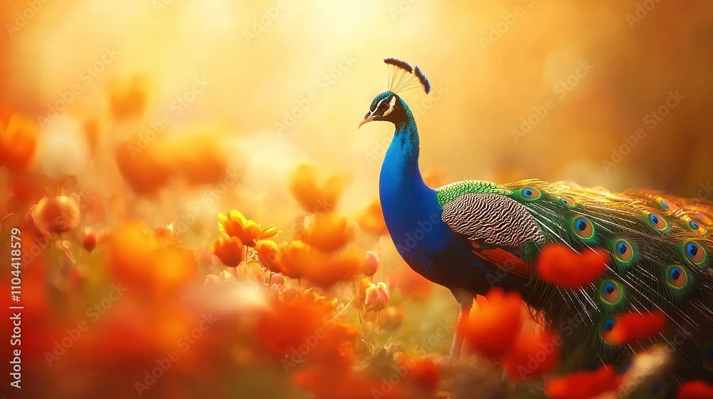 A majestic peacock stands atop a sea of vibrant blossoms, adorned with a regal avian companion perched upon its crown A majestic peacock stands atop a sea of vibrant blossoms, adorned with a regal avian companion perched upon its crown