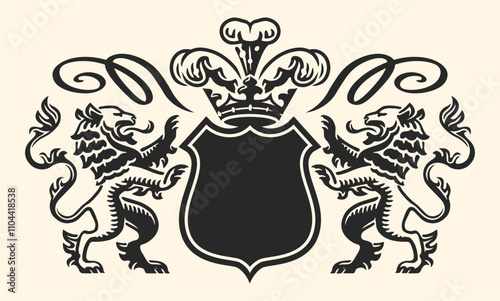 Heraldic coat of arms with lions, shield and crown. Royal emblem vector illustration
